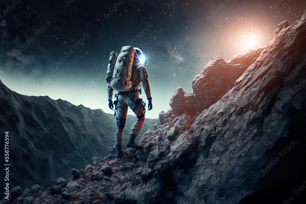 A space traveler is shown descending a rocky slope while star gazing. Generative AI