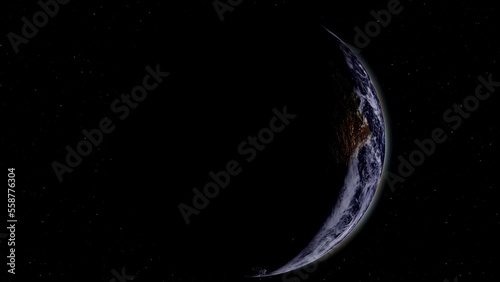Rotation planet. Earth globe. Global sphere planet. Realistic Earth Rotates on black space or background. Texture map courtesy of NASA. Camera flyby against background of star, flashing. Comet.