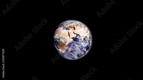 Rotation planet. Earth globe. Global sphere planet. Realistic Earth Rotates on black space or background. Texture map courtesy of NASA. Camera flyby against background of star, flashing. Comet.