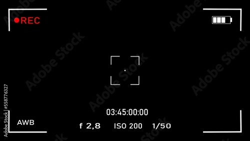 Camera recording screen overlay with alpha channel. Dslr camera frame viewfinder, screen of video recorder digital display with multiple settings and timer. 4K Camcorder Interface for Camcorders.