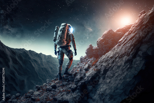 Fototapete A space traveler is shown descending a rocky slope while star gazing