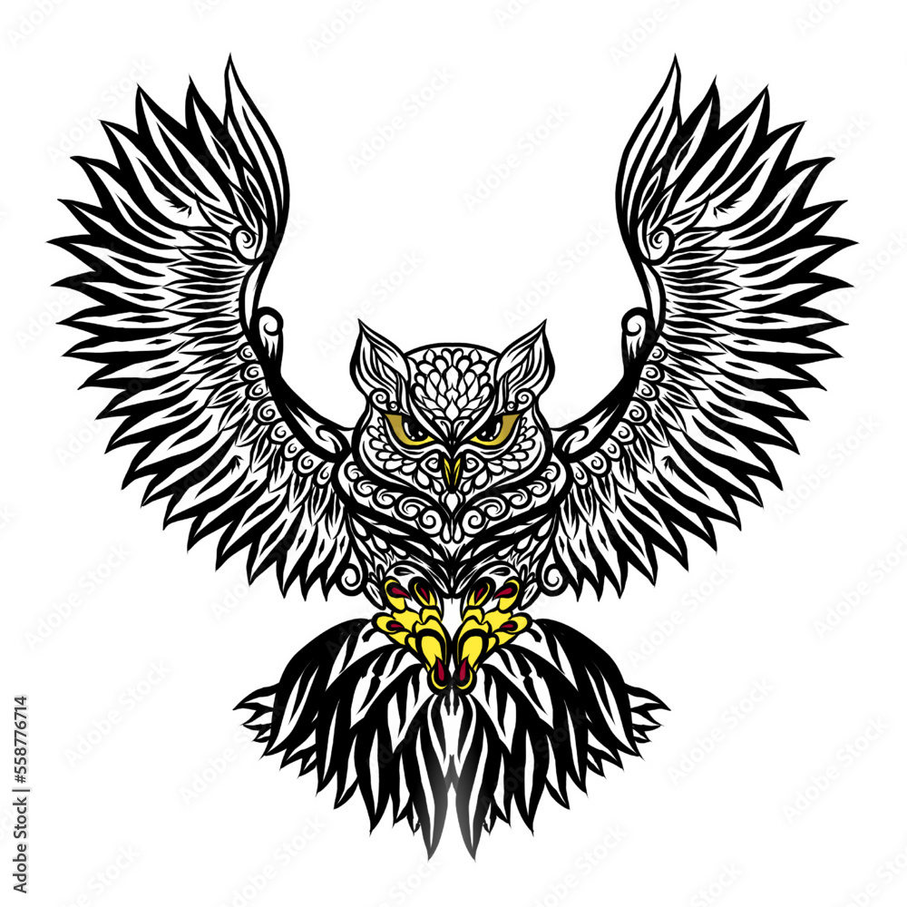 Obraz premium Colorful beauty of wonderful Flying owl flapping its wings design for logo or commercial illustration 