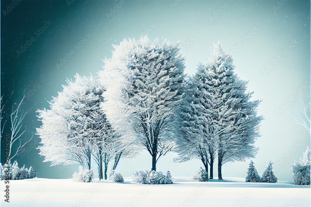 Fototapeta premium Trees covered in snow and frost. Winter wonderland forest. Generative AI