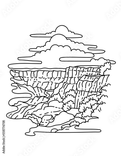 Mono line illustration of Grand Canyon National Park viewed from Mather Point on the South Rim of the canyon in Northern Arizona, United States done in monoline line drawing art style.