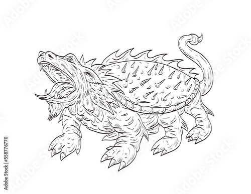 Line art drawing illustration of Tarasque, a fearsome legendary dragon-like mythological hybrid from Provence, France tamed by Saint Martha done in medieval style on isolated background.

