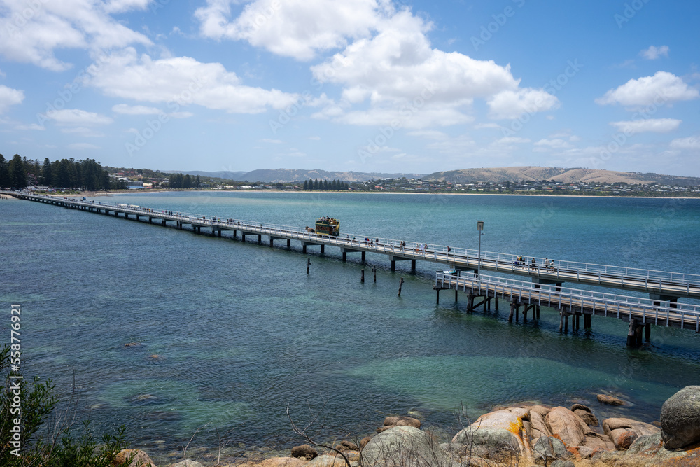 View of the tramway jetty at Victor Harbor in South Australia from Granite Island