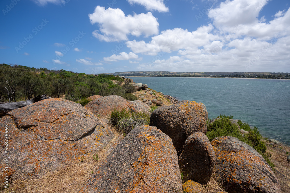 View of Granite Island rocks at Victor Harbor in South Australia View of Granite Island rocks at Victor Harbor in South Australia