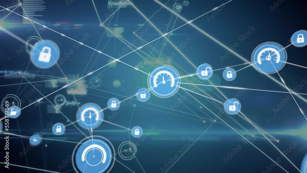 Animation of data processing over network of connections and icons Animation of data processing over network of connections and icons