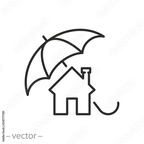 property insurance icon, house under an umbrella, protection policy, thin line symbol on white background - editable stroke vector illustration