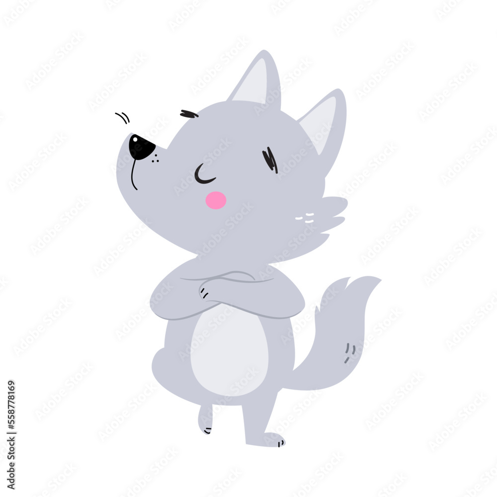 Cute Little Wolf Cub with Grey Coat Standing with Grumpy Face Vector Illustration Cute Little Wolf Cub with Grey Coat Standing with Grumpy Face Vector Illustration