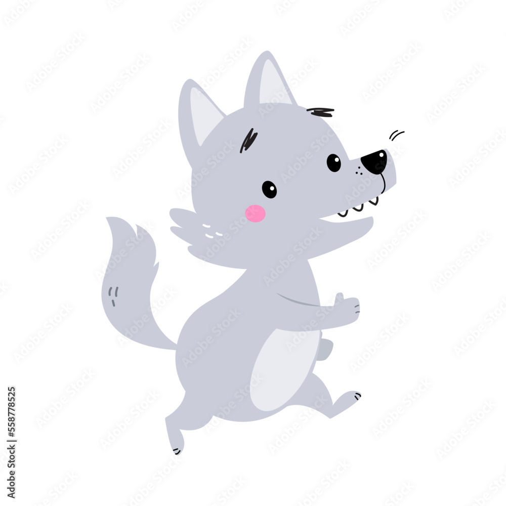 Cute Little Wolf Cub with Grey Coat Running Vector Illustration