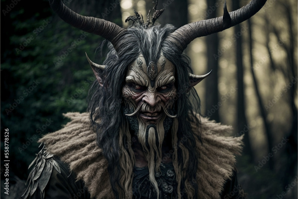 Scary Krampus, monster or demon. A devil with horns. Generative AI.