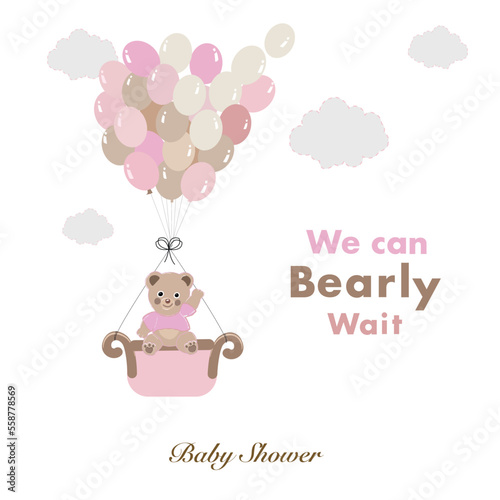 We can bearly wait text with teddy bear and a lot of balloons