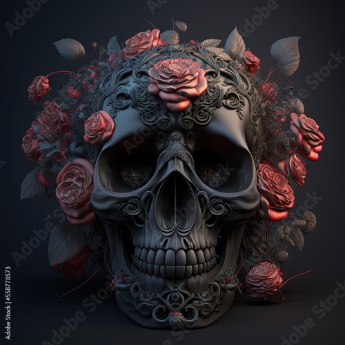 illustration of human skull decoration and ornate craft sculpture