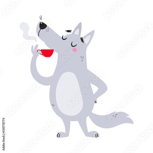 Grey Wolf Character with Pointed Muzzle Drinking Hot Steaming Tea with Cup Vector Illustration