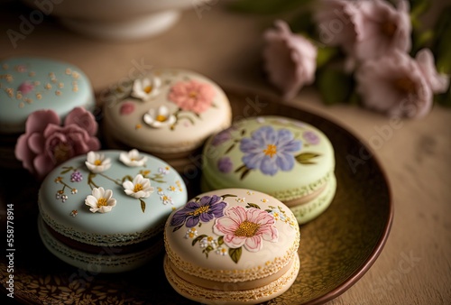 illustration of close up pastel color macaroon	with flower close-up background 