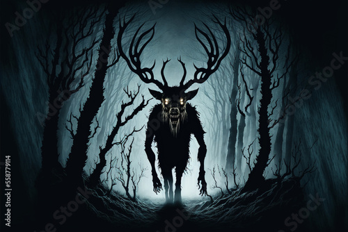 Wendigo, monster or demon. Mythological creature or spirit of the forest. Generative AI. © Worldillustrator