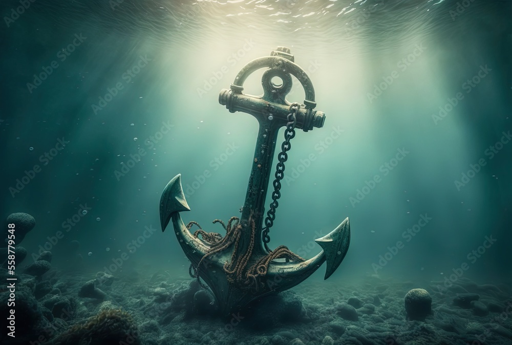 illustration of big iron anchor that abandoned at ocean floor with sung light shine through water surface - obrazy, fototapety, plakaty 