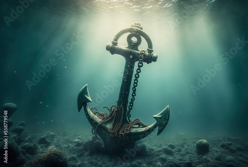 Fototapeta illustration of big iron anchor that abandoned at ocean floor with sung light sh