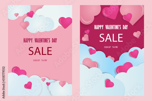 The 14th of February. Valentine's day discount vector banner. Postcard with Valentine elements, design of hearts in Paper Cut style. Vector illustration.