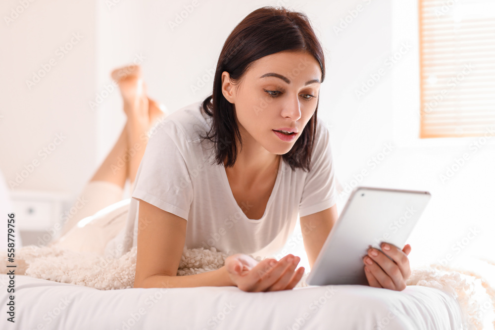 Young woman video chatting with psychologist in bedroom, closeup Young woman video chatting with psychologist in bedroom, closeup