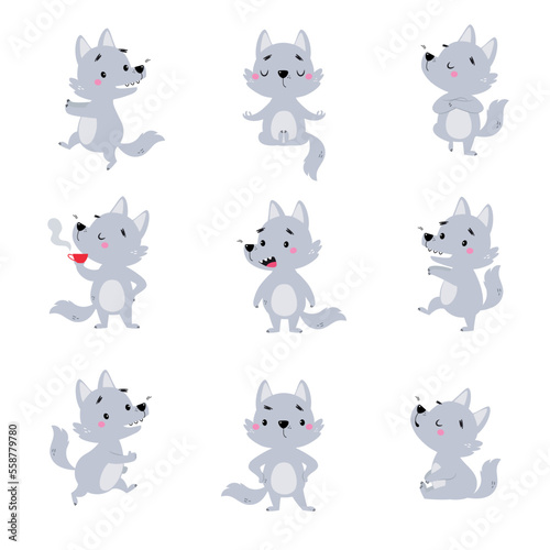 Cute Little Wolf Cub with Grey Coat Engaged in Different Activity Vector Set