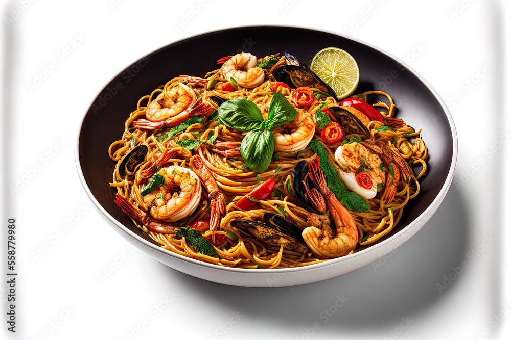 Thai style spicy spaghetti with seafood (Spaghetti Pad Kee Mao), front side shot, isolated on a white background with shadow. Focus on a few things up front. Generative AI Thai style spicy spaghetti with seafood (Spaghetti Pad Kee Mao), front side shot, isolated on a white background with shadow. Focus on a few things up front. Generative AI