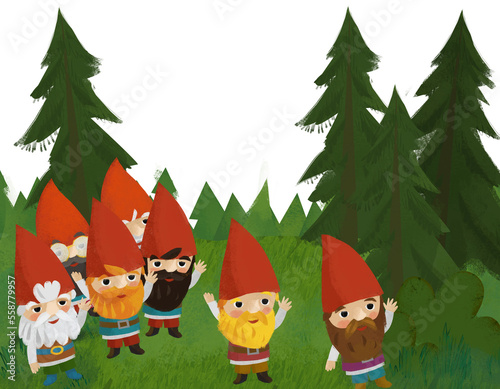 cartoon scene with dwarfs in the forest meadow illustration
