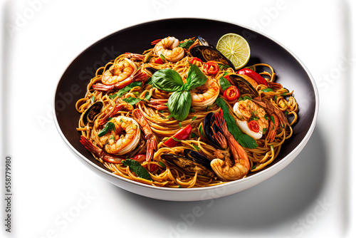 Thai style spicy spaghetti with seafood (Spaghetti Pad Kee Mao), front side shot, isolated on a white background with shadow. Focus on a few things up front. Generative AI