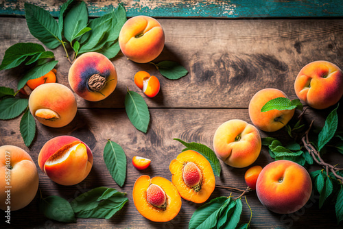 World Food Day backdrop of peaches on wood. Generative AI © 2ragon