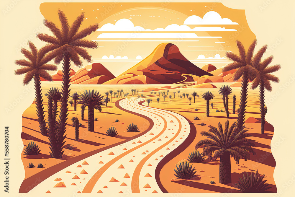 Illustration of a desert landscape with an unique route for tourist and travel lined with palm palms. an uncommon example. Generative AI