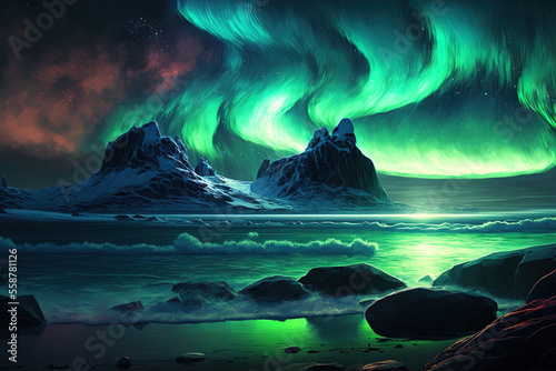 Stunning Northern Seascape with Artwork of the Aurora Borealis Beautiful Natural Setting Background. Beautiful Arctic Landscape with Polar Lights Beautiful Photo Scenery Background. Sea Art in Antarct photo