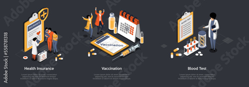 Concept Of Health Insurance, Vaccination And Blood Test. Family Buy Insurance Policy, Make Vaccine And Blood Test. Healthcare, Finance and Medical Service. Isometric 3D Cartoon Vector Illustration Set