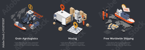 Moving House, Grain Agro logistics, Free Worldwide Shipping Concept. Family Moving to a New Place. Barge With Cargo, Farmer Tractor And Agrarian Manager. Isometric 3D Cartoon Vector Illustration Set
