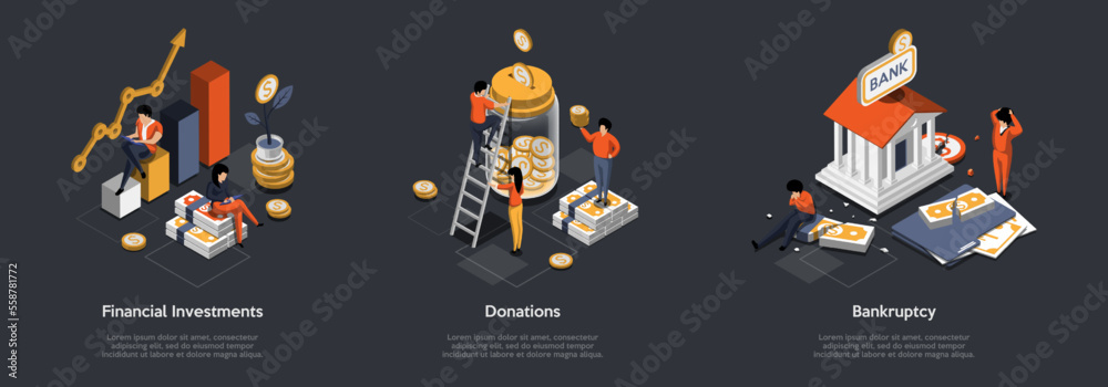 Forex, Stock Market, Financial Investments, Donations And Bankruptcy. Characters Market Makers And Investors Using Financial Instruments To Make Money. Isometric 3d Cartoon Vector Illustrations Set