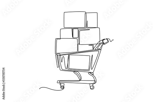 Continuous one line drawing a trolley full of merchandise boxes. Supply chain management concept. Single line draw design vector graphic illustration.