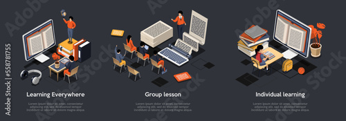 Online Studying From Anywhere, Group And Individual Distance Online E-Learning, Self Education. Students At Desks Listening To Teacher, Taking Remote Courses. Isometric 3d Vector Illustrations Set