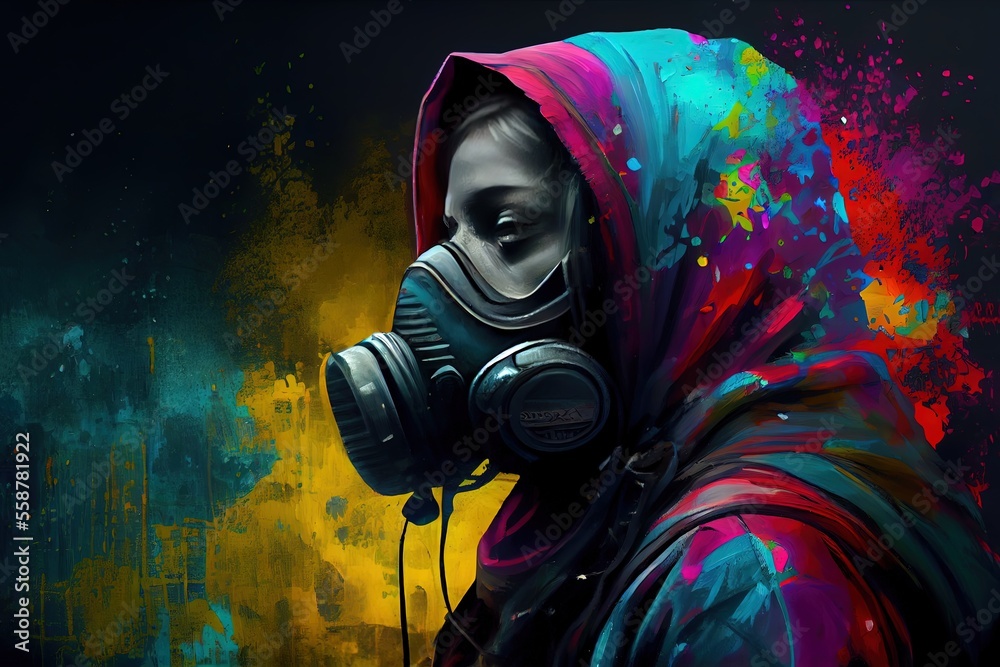 colourful graffiti spray paint artist man or woman with mask and paint explosion, generative ai colourful graffiti spray paint artist man or woman with mask and paint explosion, generative ai