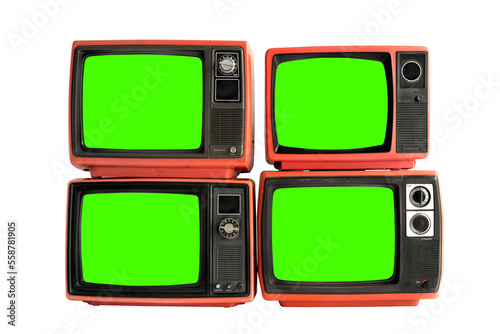 Isolated four vintage red televisions with chroma key green screen for designer on white background with clipping path