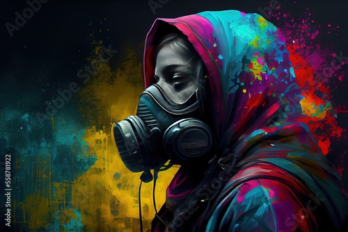 colourful graffiti spray paint artist man or woman with mask and paint explosion, generative ai