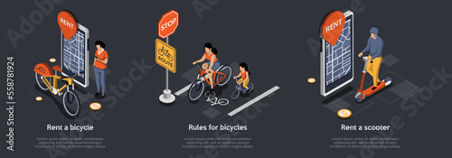 Healthy Lifestyle Outdoor, Bike And Scooter Rent Concept. Boy Take a City Tour. Man Rent Bicycle Using Smartphone App. Convenient Mobile Application. Isometric 3d Cartoon Vector Illustrations Set
