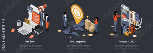 Online Shopping Store With Shopping Bag, Pay Per Click, RSS Feed, Geo Targeting and E-commerce Concept. People Are Buying Goods Using Application On Smartphone. Isometric 3d Vector Illustrations Set