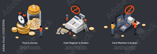 Money Management, Repair Service of Cash Registers And Credit Card Terminal. Cash Register Machine, Automated Payment Counting. Online Banking And Cash Terminal. Isometric 3d Vector Illustrations Set