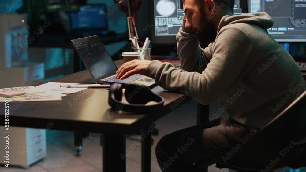App developer feeling tired and fatigued at office job, falling asleep working on html code. Exhausted sleepy man being burnout late at night and yawning, coding security server. App developer feeling tired and fatigued at office job, falling asleep working on html code. Exhausted sleepy man being burnout late at night and yawning, coding security server.