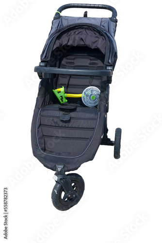 Black three wheel baby stroller with an attachable fan isolated with transparent background photo
