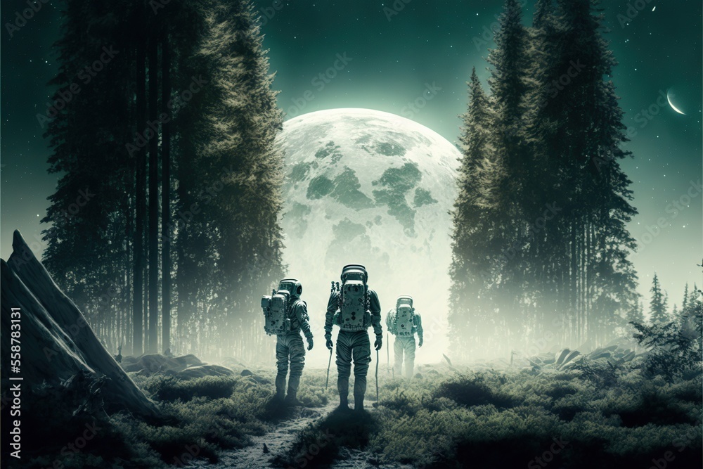 Open space astronauts landing on the moon covered with forest, created with Generative AI technology