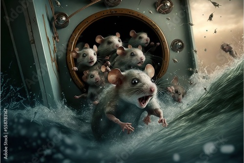 Panicked Rats Fleeing a Sinking Ship, concept of people abandoning an enterprise once it seems likely to fail, created with Generative AI technology