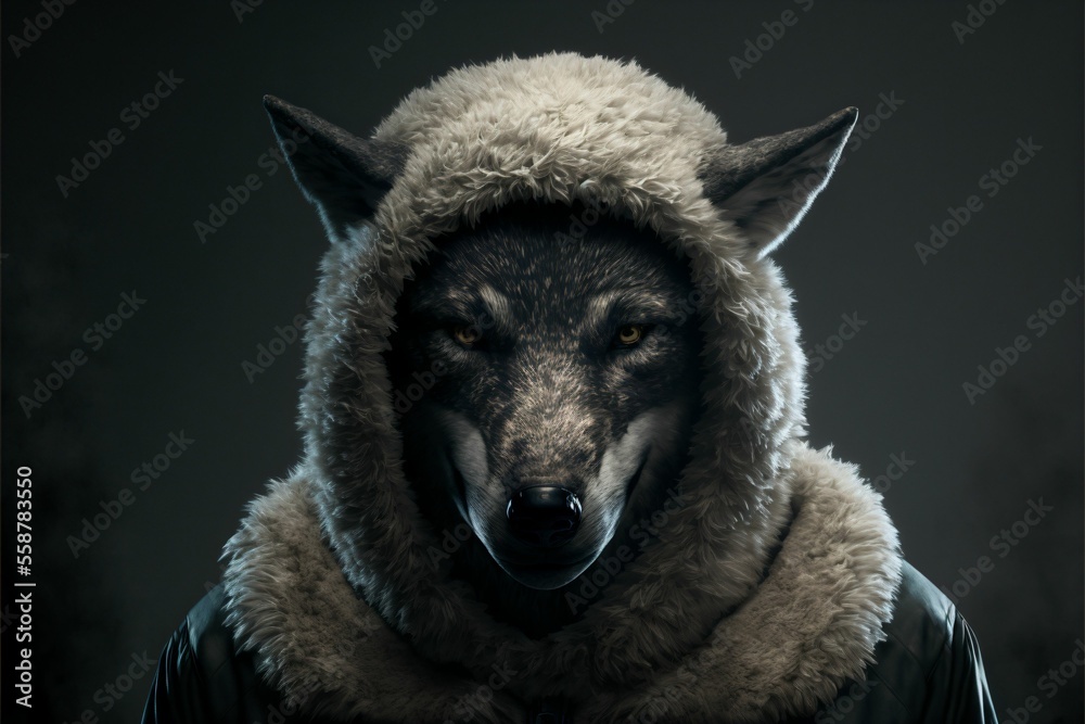 Portrait of a wolf in sheep's clothing, Ai illustration Stock