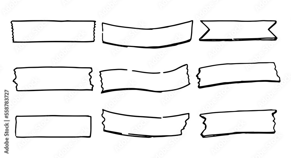 Sticky tape for notes, frames for text in doodle style. Clipart set for daily planning, diary, memo. Hand drawn vector design elements. Contour drawings collection isolated on white.