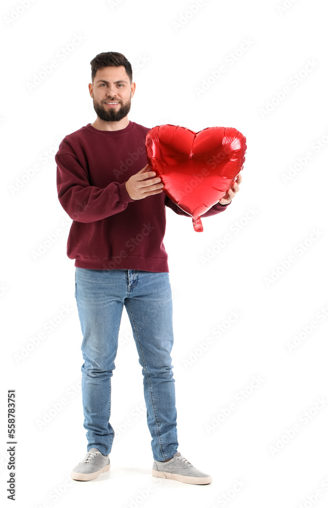 Young bearded man with balloon for Valentine's Day on white background Young bearded man with balloon for Valentine's Day on white background
